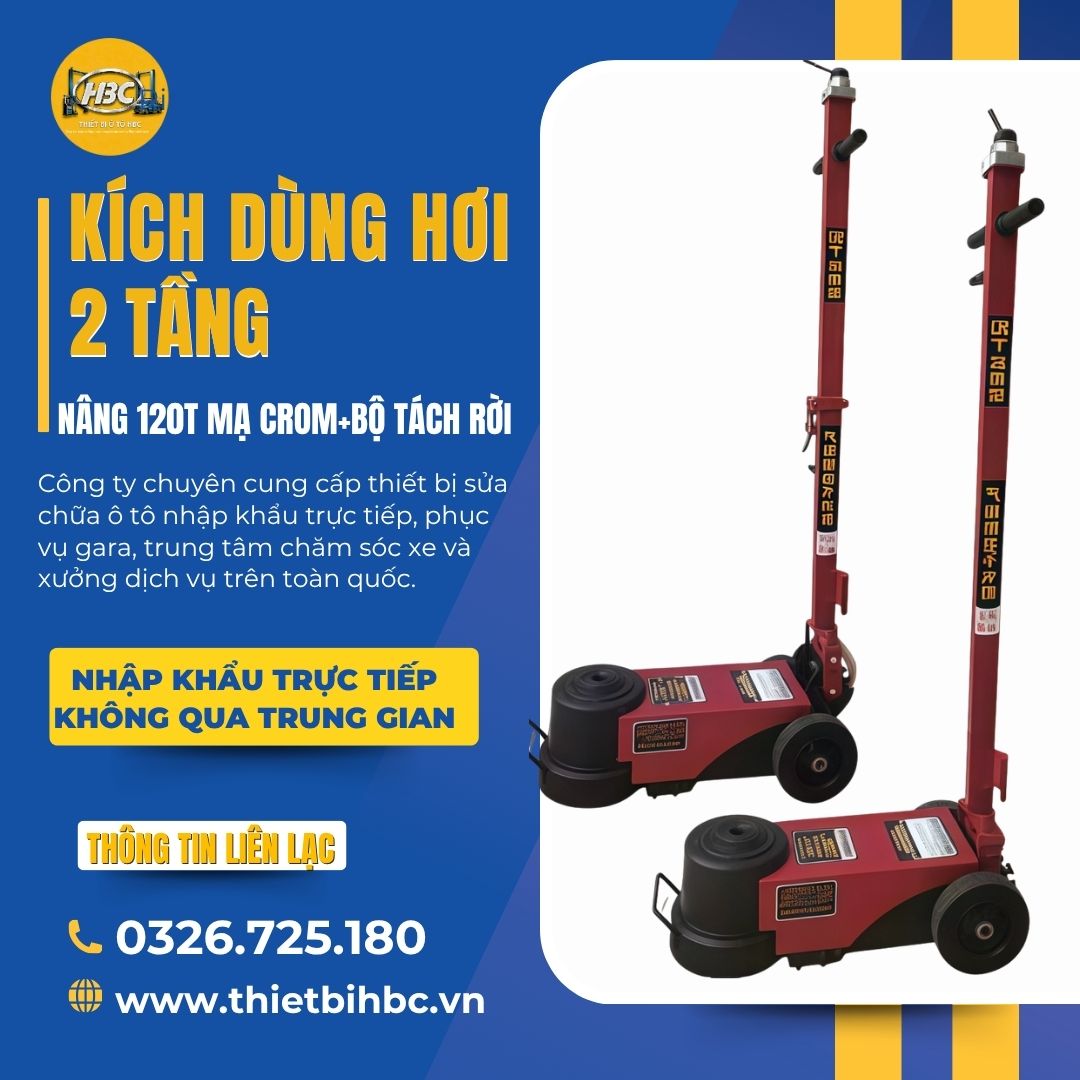 Kích dùng hơi 2 tầng nâng 120T mạ crom+bộ tách rời